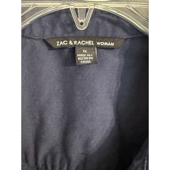 Zac & Rachael Plus 1X Navy Woven Knit Long Sleeve Button Up Tab Sleeve Work Fall - Picture 7 of 11